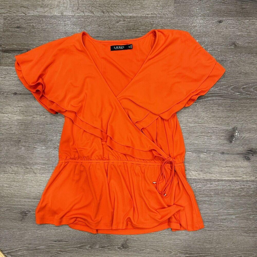 Lauren Ralph Lauren‎ Black Label Womens Ruffle Butterfly Sleeve Top XL Tangerine
